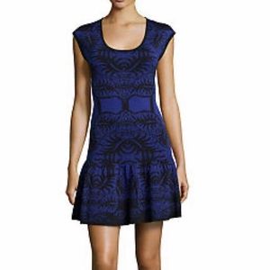 Nicole Miller Artelier Cobalt & Black Mixed Print Knit Dress Large